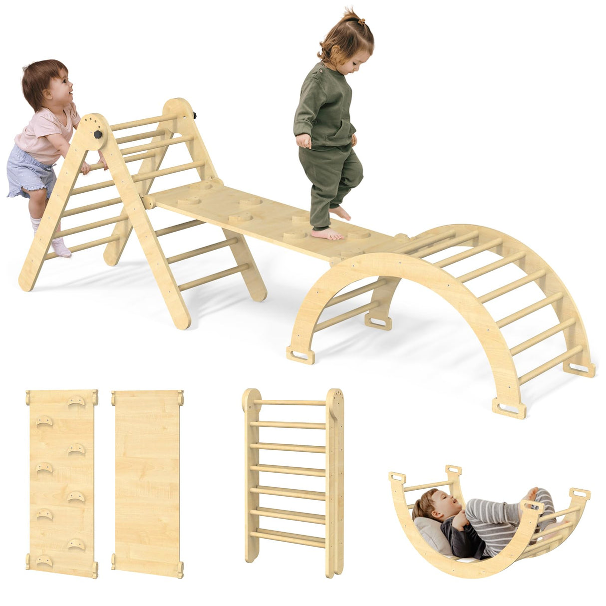 Wanmwill Pikler Triangle Set, 5 in 1 Toddler Climbing Toys, Wooden Montessori Climbing Set with Foldable Ladder & Arch & Ramp, Baby Climber Jungle Gym, Kids Indoor Playground（Natural） Wanmwill
