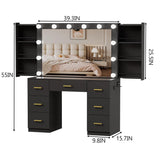 FURNJOYLIFE Black Makeup Vanity Desk with Lighted Mirror & Power Outlet,3 Color Modes, Brightness Adjustable,Vanity Table with Drawer,Sliding 2 Storage Wall-Mounted Jewelry,4 Shelves for Bedroom FURNJOYLIFE