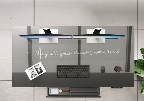 INNOVAR Glass Standing Desk with Drawers, 48×24 Inch Adjustable Stand Up Desk, Quick Install Home Office Computer Desk, Black INNOVAR