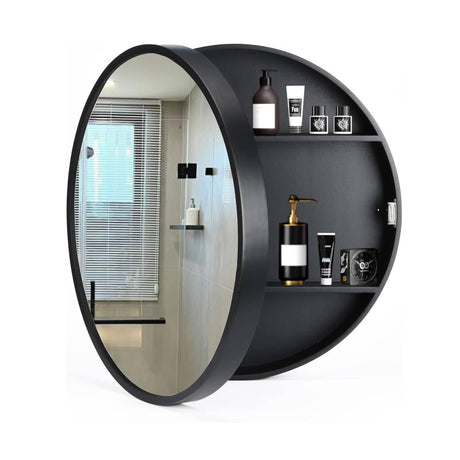 CHER-BUEATY Medicine Cabinet Bathroom Space Saver Storage Round Cabinets with Mirror Surface Wall Mounted Solid Wood Circular Frame 3 Level (Color: Black, Size:20 Inch x 20 Inch CHER-BUEATY