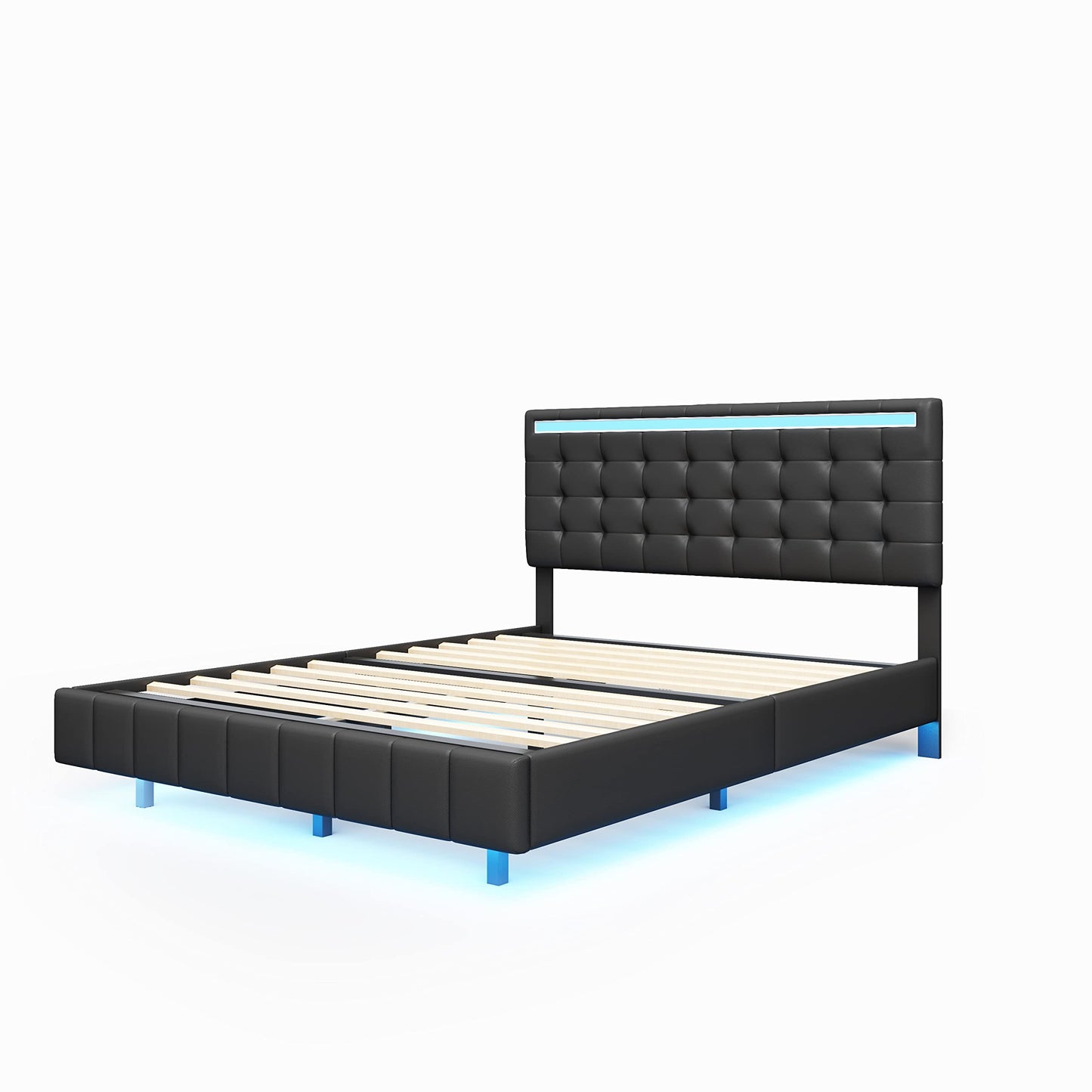 Bellemave Adjustable Queen Size Floating Bed Frame with LED Lights and USB Charger in Black - WoodArtSupply