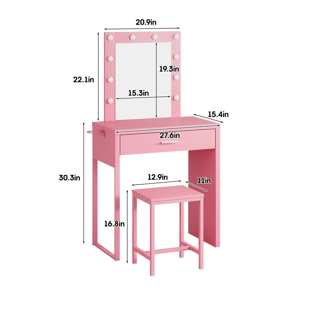 Makeup Vanity Desk with Mirror and Lights, Pink Vanity Table and Chair Set, Brightness Adjustable, Small Vanity for Girls' Bedroom Titoni
