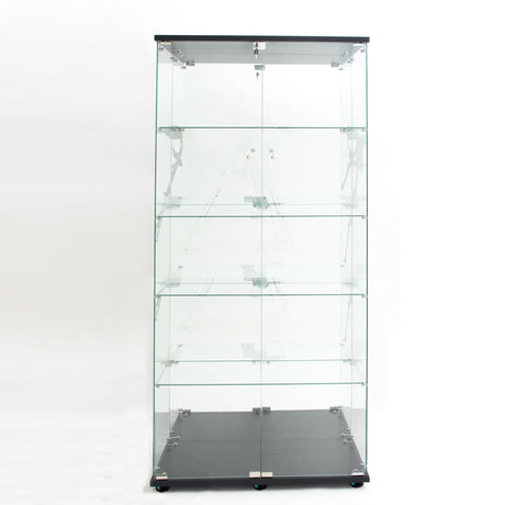 5-Shelf Glass Display Cabinet with Lights Strip and Mirror Back Panel, 2 Lock Door Curio Cabinets Collectibles Display Case, Floor Standing Glass Bookshelf for Living Room Bedroom Office, Black TehRecBT