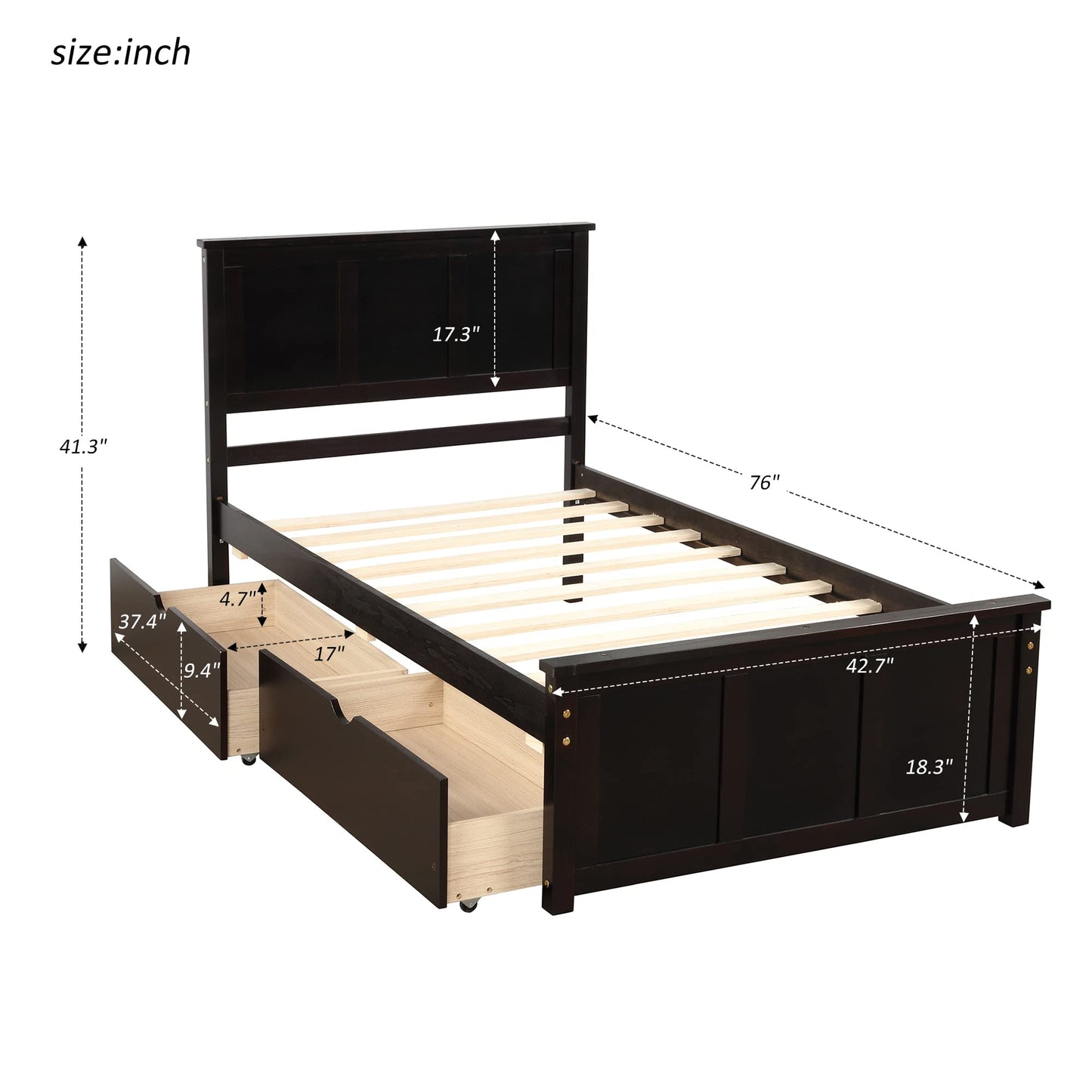 Harper & Bright Designs Twin Bed with Storage Drawers, Solid Wood Platform Bed Frame with Headboard - Espresso - WoodArtSupply