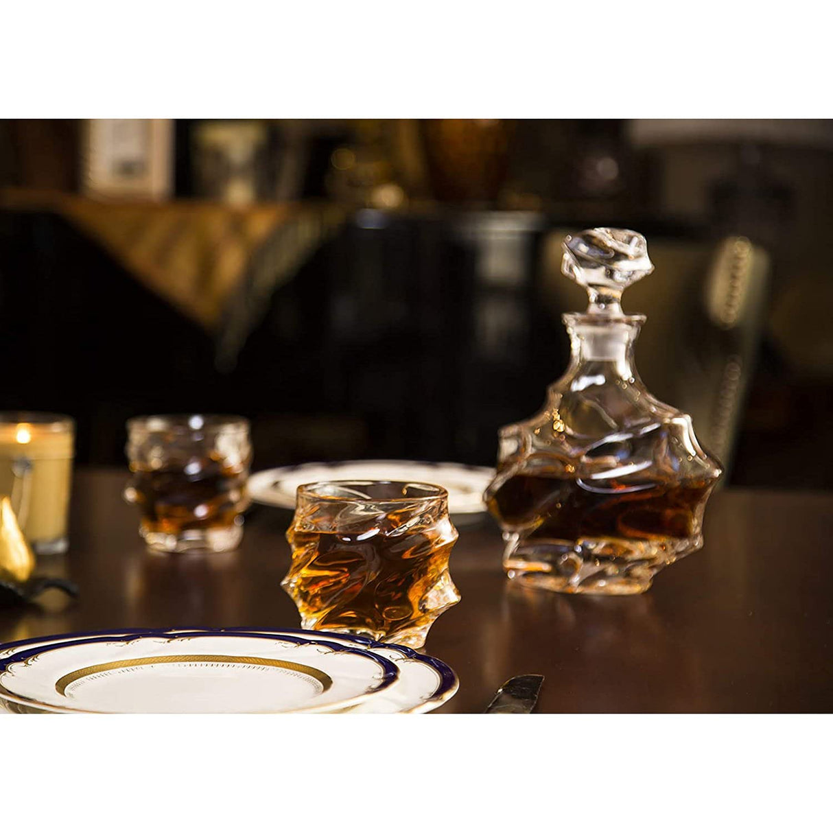 Glacier Mountain Whiskey Glasses and Liquor Decanter set | 4 Crystal Bourbon Glasses with Matching Whiskey Decanter on beautiful wood tray | Ideal Bourbon Gifts for Women & Men, Whiskey Decanter Sets The Wine Savant