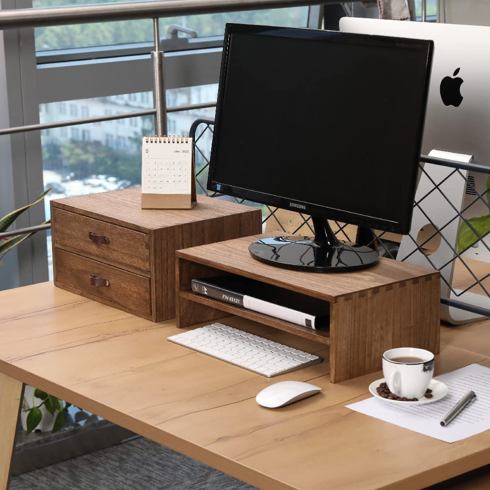 DDYURI Wood 2 Drawer Desktop Organizer Cabinet - Desk Storage Box for Kitchen Counter,Dresser Tabletop -Wooden File Organizer Printer Machine Stand for Office Accessories Chest Dark (FAX2C-DK） DDYURI