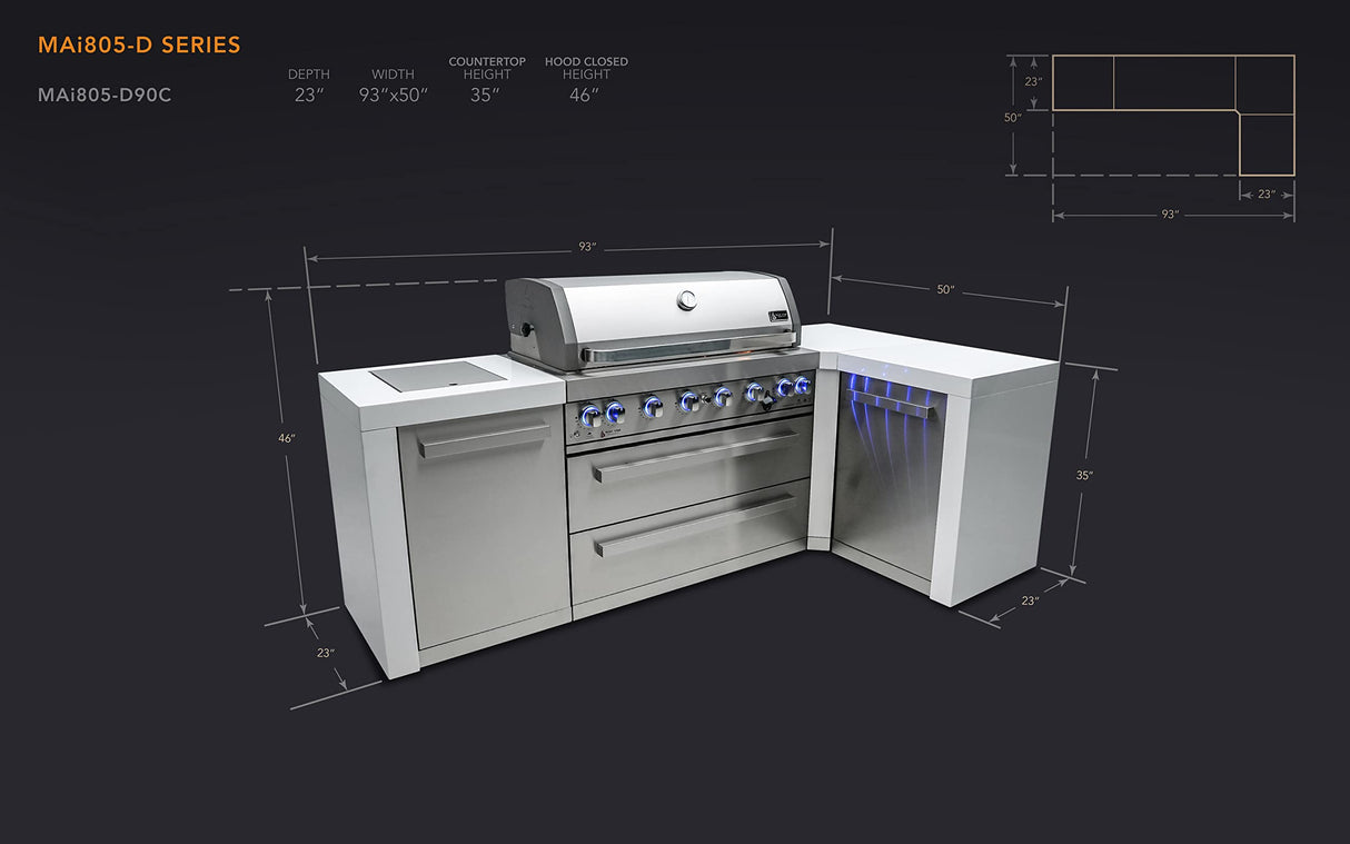 Mont Alpi MAi805-D90 44-inch 6-Burner 115000 BTU 90 Degree Corner Deluxe Stainless Steel Gas Outdoor Kitchen Barbecue Island Grill + Infrared Side Burner + Granite Countertops + Storage Drawers Mont Alpi