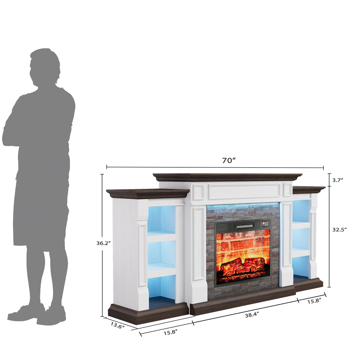 70" Electric Fireplace with Mantel, LED Fireplace TV Stand for TVs Up to 80 Inch, Farmhouse Entertainment Center with Storage, Realistic Stacked Stone Surround with Remote Control for Living Room LGHM