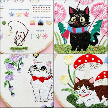 CHIYOSING Embroidery Kit for Beginners Adults, 4 Cat Pattern to Learn Over 30 Different Stitches,Includes Step-By-Step Instructions,Sharp Scissors and 2 Exquisite Hairpins and Multiple Accessories. CHIYOSING