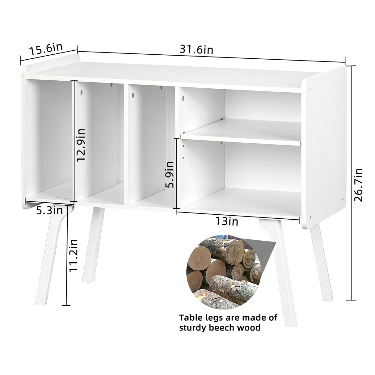 Lerliuo Record Player Stand with 4 Cabinet Holds Up to 220 Albums, Large Turntable Stand with Beech Wood Legs, Mid-Century Record Player Table,White Vinyl Holder Storage Shelf for Bedroom Living Room Lerliuo