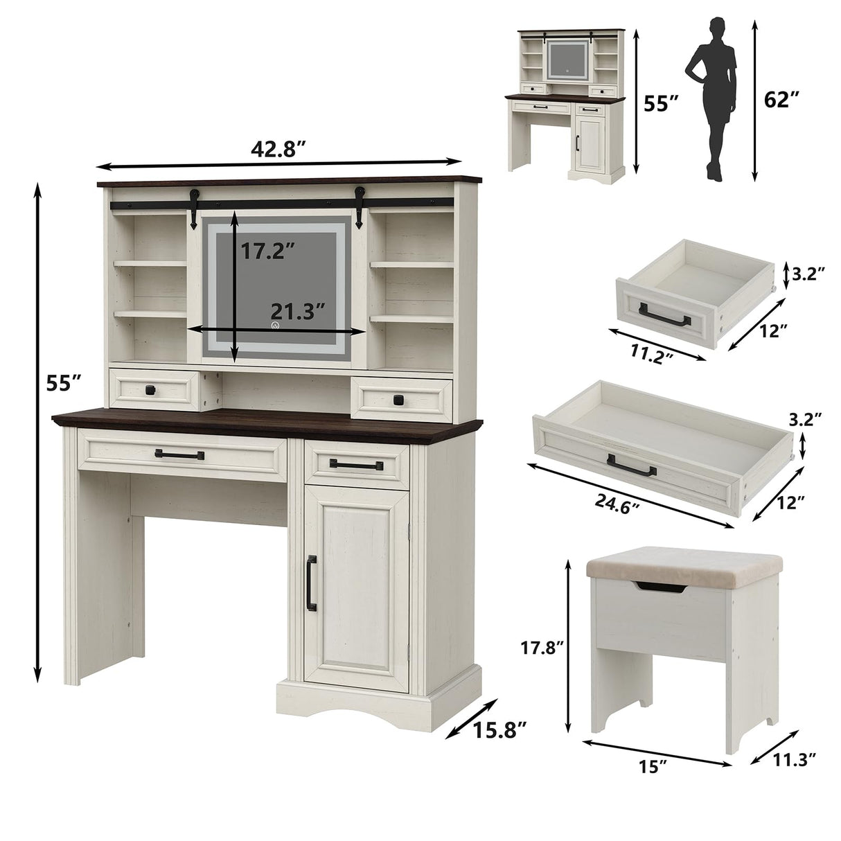 Diwnnue Farmhouse Makeup Vanity Desk with Sliding Mirror, Large Vanity Set with 3 Brightness Lights, Ample Storage, Antique White Diwnnue