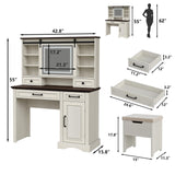 Diwnnue Farmhouse Makeup Vanity Desk with Sliding Mirror, Large Vanity Set with 3 Brightness Lights, Ample Storage, Antique White Diwnnue