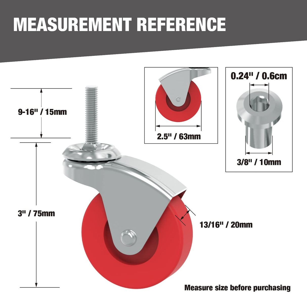 BIG RED 2.5 Inch Stem Caster Wheels Set of 6,Heavy Duty 360 Degree Swivel Stem Casters for Creeper Service Utility Cart Stool Post Mount,ATR6551-6PB BIG RED