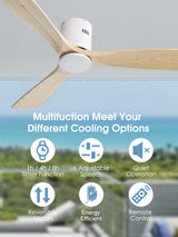 Sofucor 52'' Ceiling Fan no Light, Low Profile Ceiling Fan without Light, Flush Mount Ceiling Fan with Remote Control, Quiet Energy Saving with 6 Speeds, Timer, Light Wood Grain Sofucor