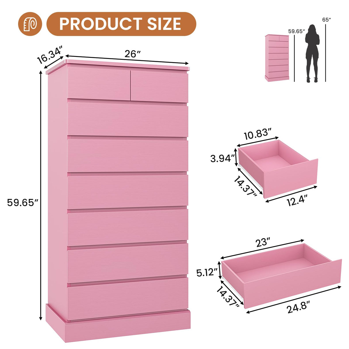 DICTAC Tall Dresser for Bedroom with 8 Drawers, 59.6" Tall Pink Dressers & Chests of Drawers, Modern Wood Closet Organizer and Storage Cabinet, Large Vertical Dresser for Bedroom, Closet, Hallway DICTAC