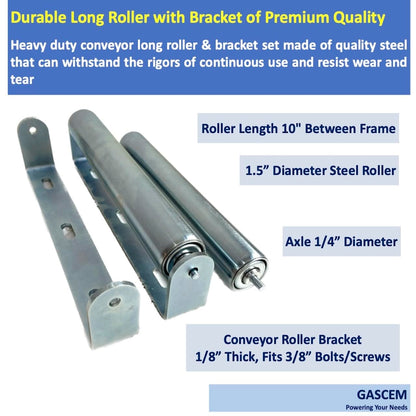 Pack of 2 10"BF Long Roller and Bracket l 1.5"Ø Galvanized Steel Conveyor Roller I Set of Roller and Bracket Versatile as Support Rollers for Woodworking, Roller Stand or Bike Rollers Conveyo - WoodArtSupply