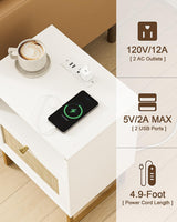 Masupu Rattan Nightstand with Charging Station,Modern Boho Farmhouse Wood Bedside Table with Storage Drawer and Open Shelf,Small Gold Frame Side End Table for Bedroom,Living Room,Office White Masupu