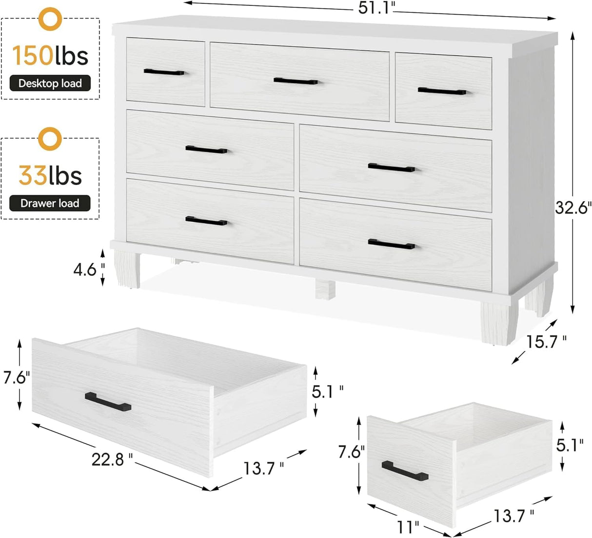 IDEALHOUSE Dresser for Bedroom with 7 Drawers, Modern Chest of Drawers Closet with Metal Handle, Wooden Dresser Organizer, for Bedroom, Living Room, White IDEALHOUSE