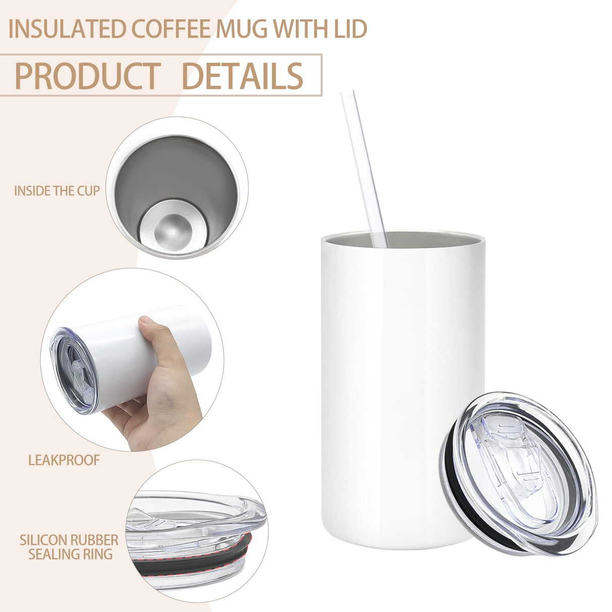 YOUKE OLA 16 Pack Sublimation Tumblers Blanks Bulk Sublimation Cups Skinny Straight Tumbler Stainless Steel Double Wall Insulated Sublimation Water Bottles with Lid & Straw for DIY Gift, 12oz White YOUKE OLA