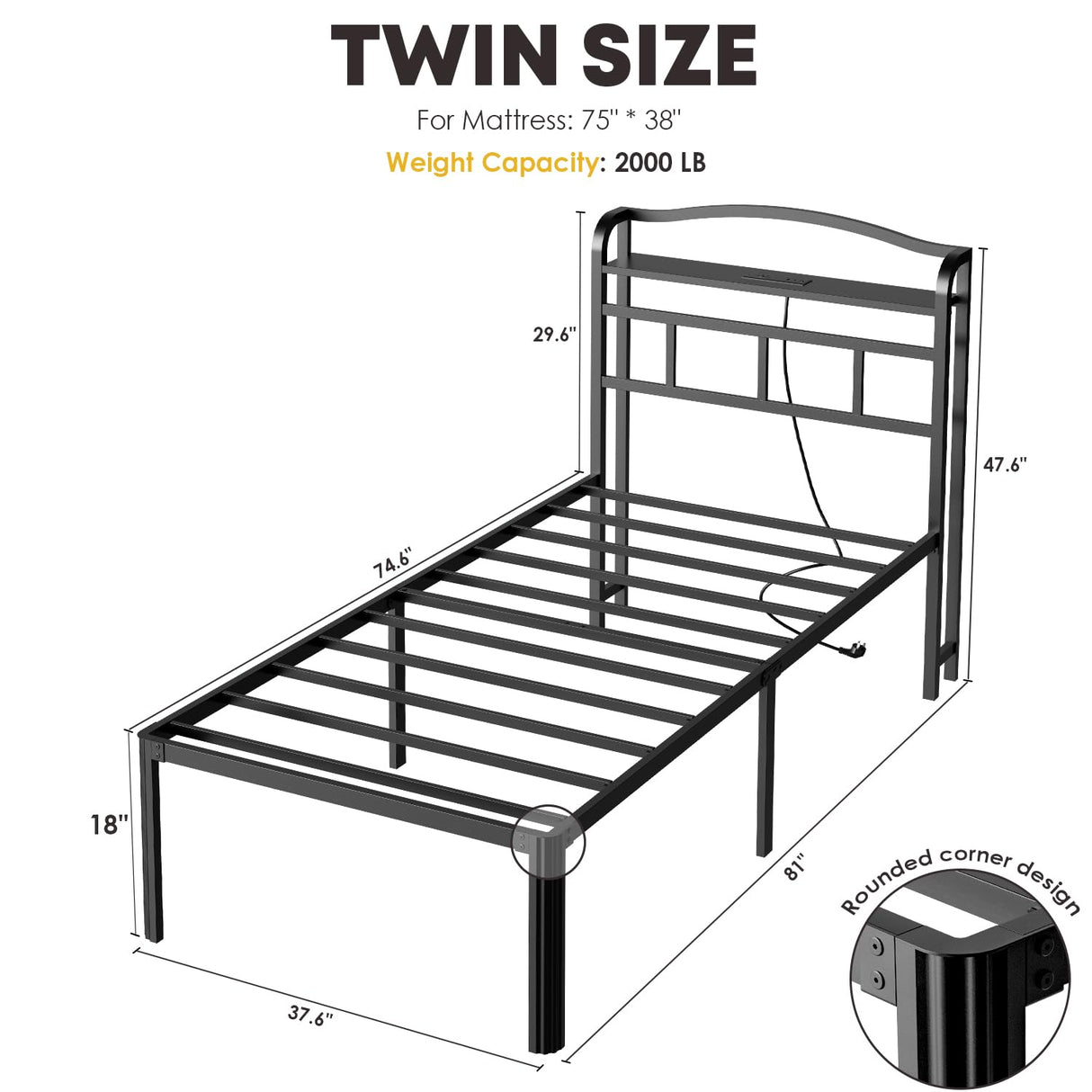 YORMDMO Twin Bed Frame - Storage Headboard with Charging Station, Easy Assembly, Heavy Duty Metal Bed Frame, No Box Spring Needed, 18 Inch, Black YORMDMO