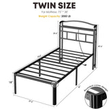 YORMDMO Twin Bed Frame - Storage Headboard with Charging Station, Easy Assembly, Heavy Duty Metal Bed Frame, No Box Spring Needed, 18 Inch, Black YORMDMO