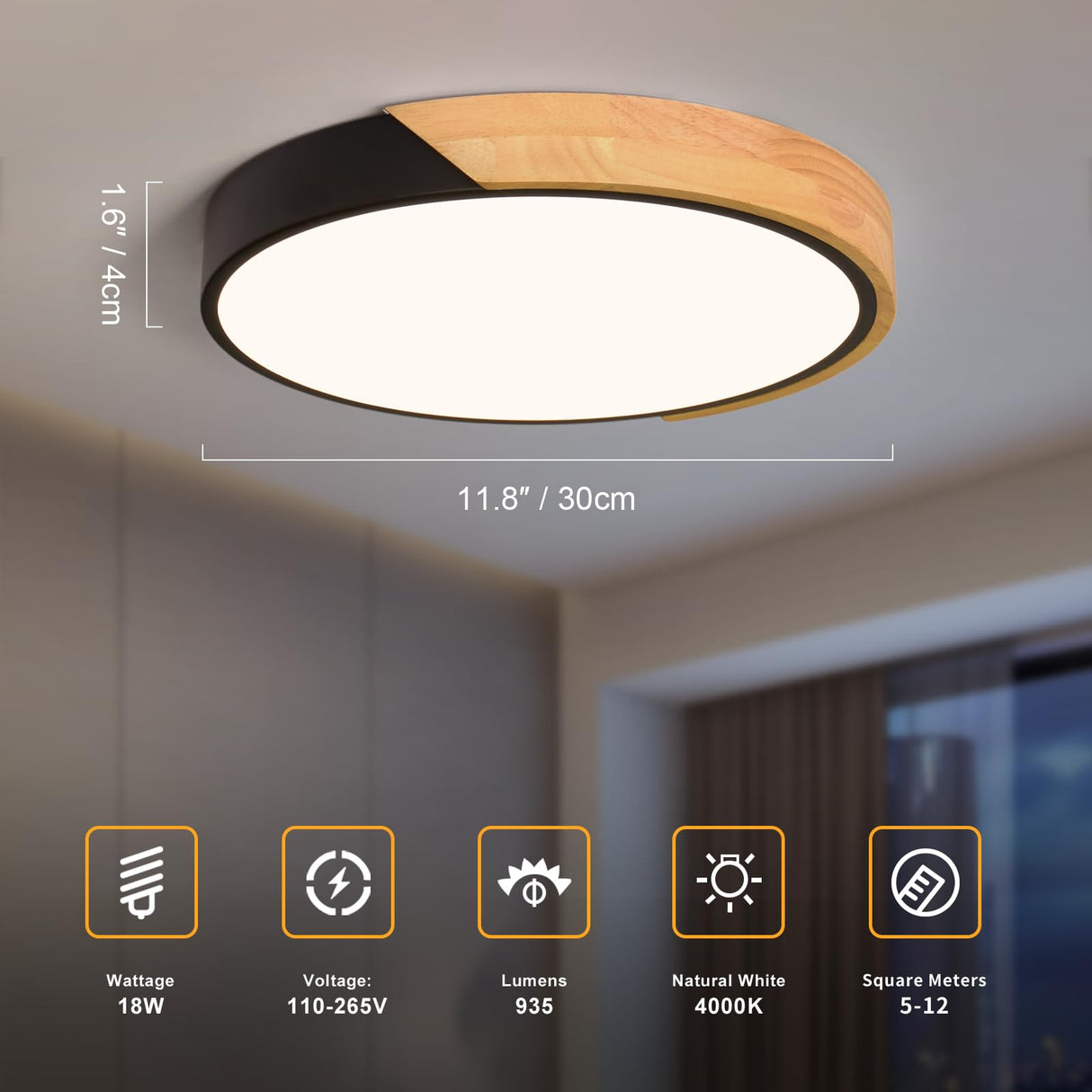 Vikaey Modern LED Ceiling Light, Minimalist Wood Flush Mount Ceiling Light Fixture, 4000K Not Dimmable, Circle Lighting Lamp with Acrylic Lampshade for Bedroom Laundry Room Hallway (Black,11.8") Vikaey