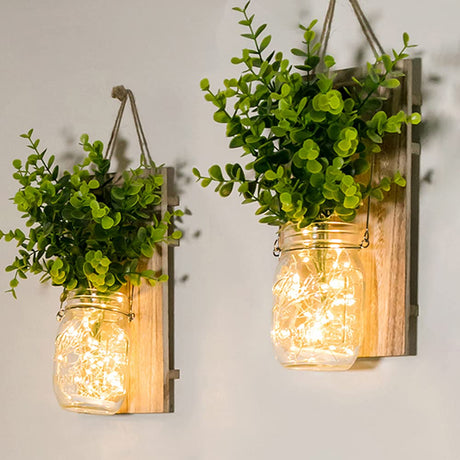 Rustic Wall Sconces, Mason Jar Sconces, Farmhouse Home Decor, LED Fairy Lights, Green Fake Plant, Interior Decoration Warm Toned Lighting. (2 Pack) ECTY