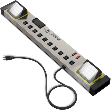 ZESEN 10-Outlet Power Strip with LED Worklight Surge Protector 4ft Cord with Dual Smart USB, Workshop/Garage/Office/Home, ETL Listed ZESEN