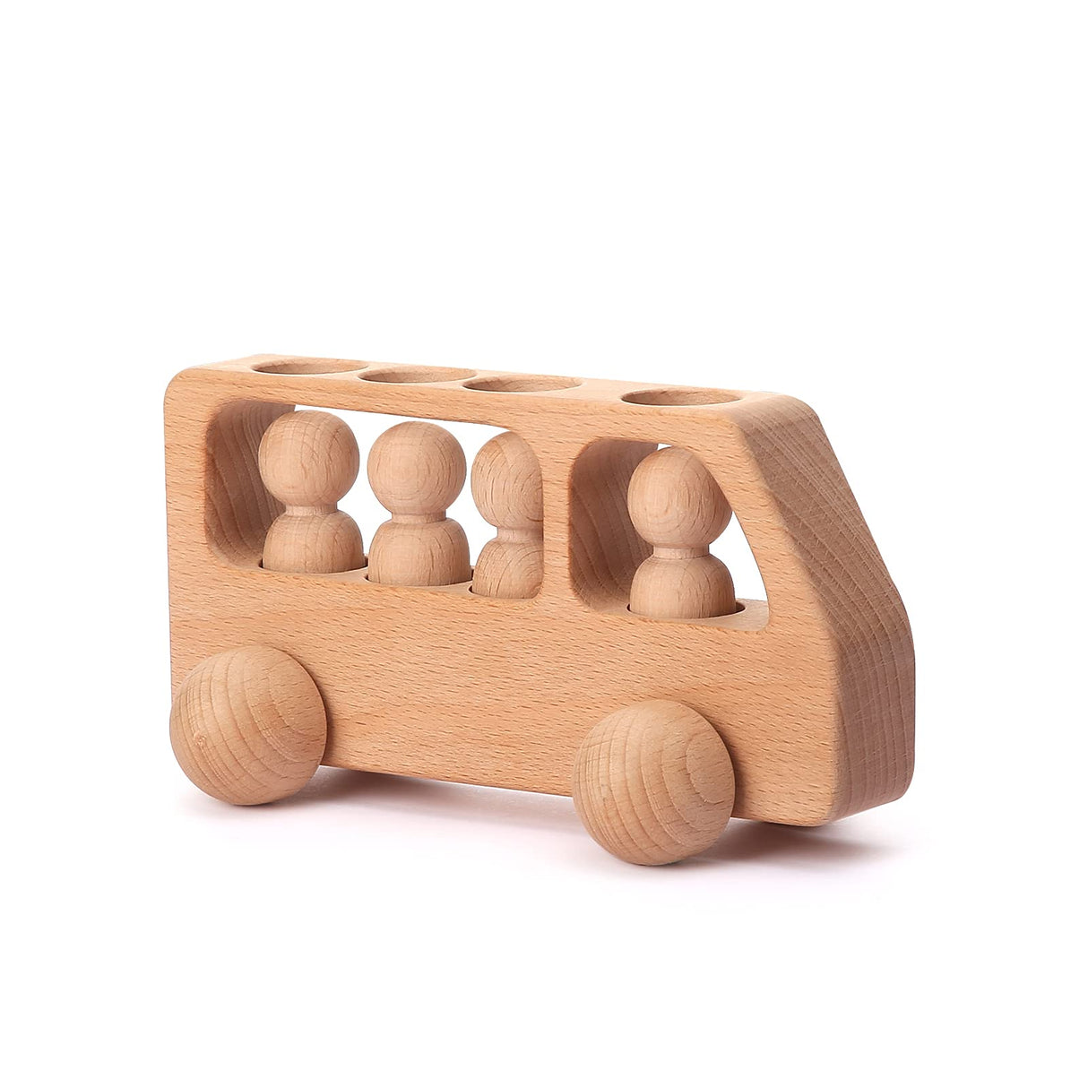 4 Wooden Figures in The Bus - Peg Dolls Unfinished Wooden Peg People Cars Wooden Figures Shape Preschool Learning Educational Toys Montessori Toys for Toddlers WOODEN TEETHER