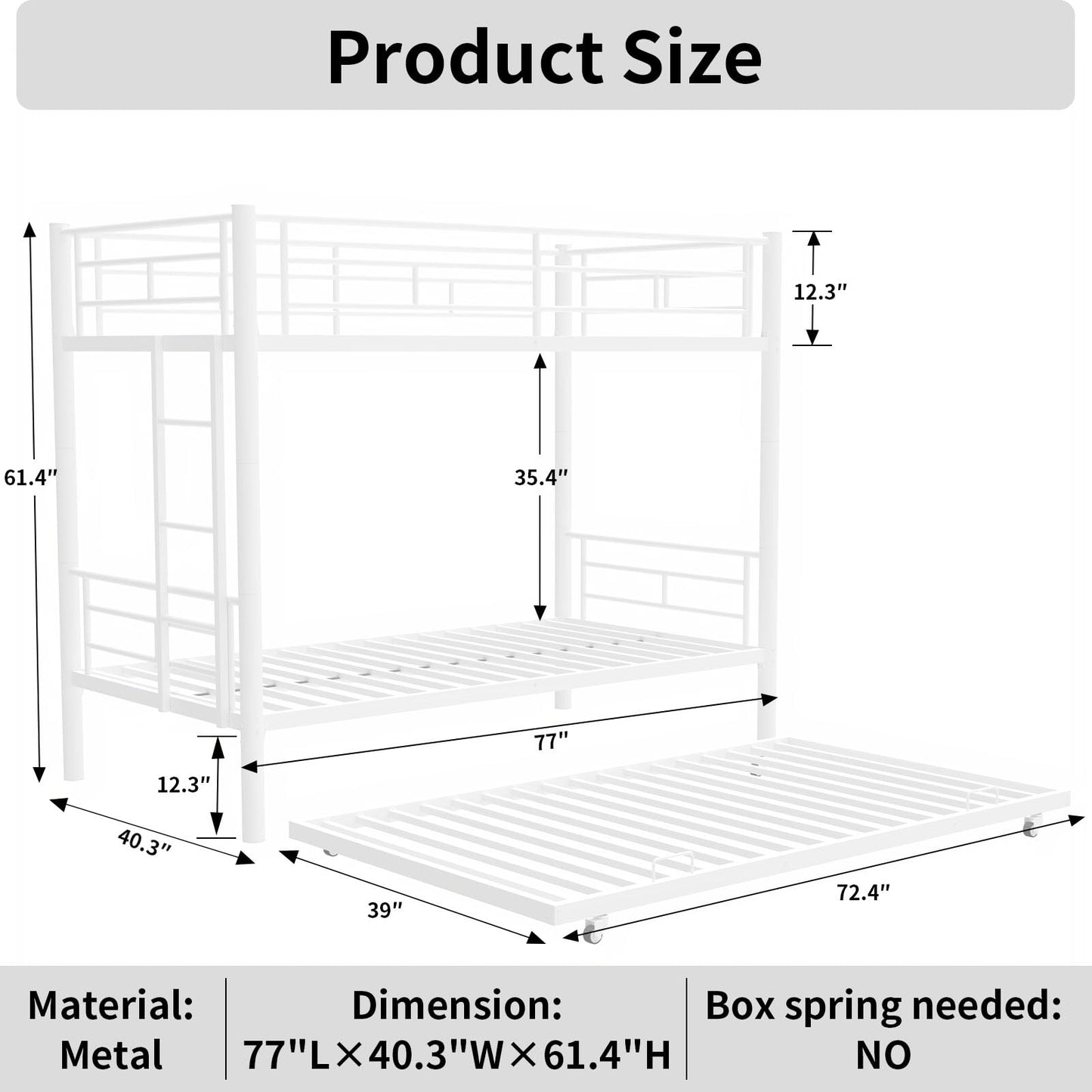 Suheww Twin Over Twin Metal Bunk Bed with Trundle, Heavy-Duty Steel Beds Frame with Side Ladder, Convertible Bunkbed Safety Guardrails,No Box Spring Needed (White)