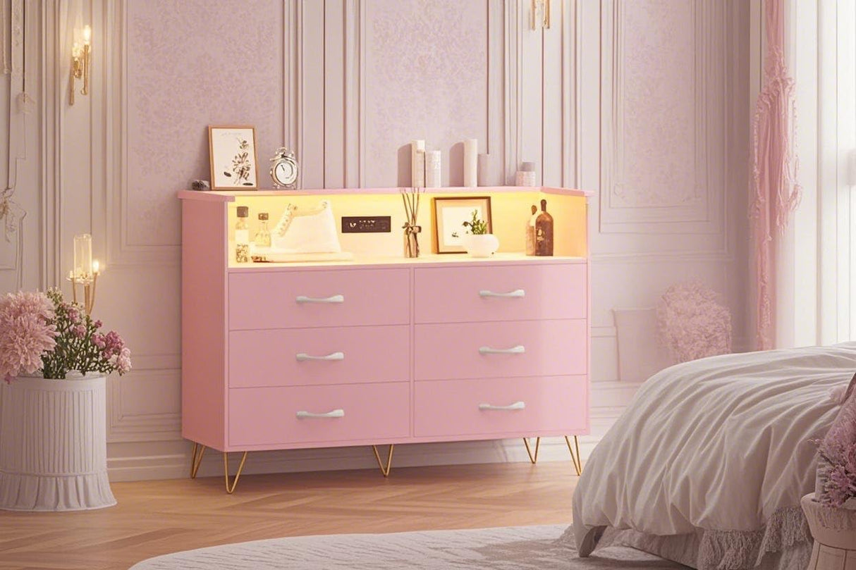 Patikuin Pink Dresser for Bedroom with LED Light & Power Outet, 6 Drawers Wooden Dressers with 2-Tier Open Space, Modern Chest of Double Wide Drawers for Living Room, Entryway, Hallway TV Stand Patikuin