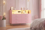 Patikuin Pink Dresser for Bedroom with LED Light & Power Outet, 6 Drawers Wooden Dressers with 2-Tier Open Space, Modern Chest of Double Wide Drawers for Living Room, Entryway, Hallway TV Stand Patikuin