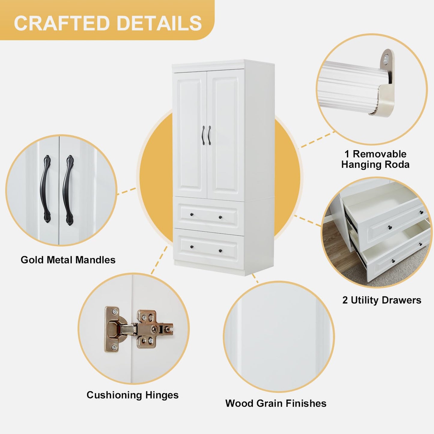 Sophshelter Wooden Armoire Wardrobe Closet, 2 Door 2 Drawers White Wardrobe Cabinet with Large Capacity, Bedroom Tall Armoire Storage Cabinet with Hanging Rod and Handles 31.5" L x 20.3" W x 72" H