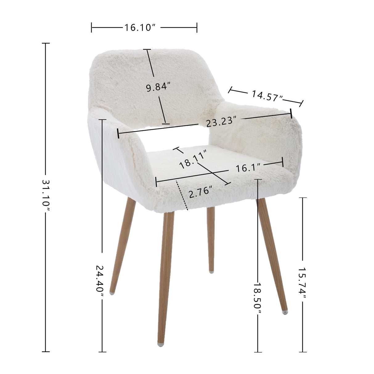 KCC Furry Desk Chair, Mid-Century Modern Accent Comfy Armchair with Faux Fur for Teen Girls, Wood Look Metal Legs Living Dining Room, Home Vanity Makeup Office No Wheel, White. KCC