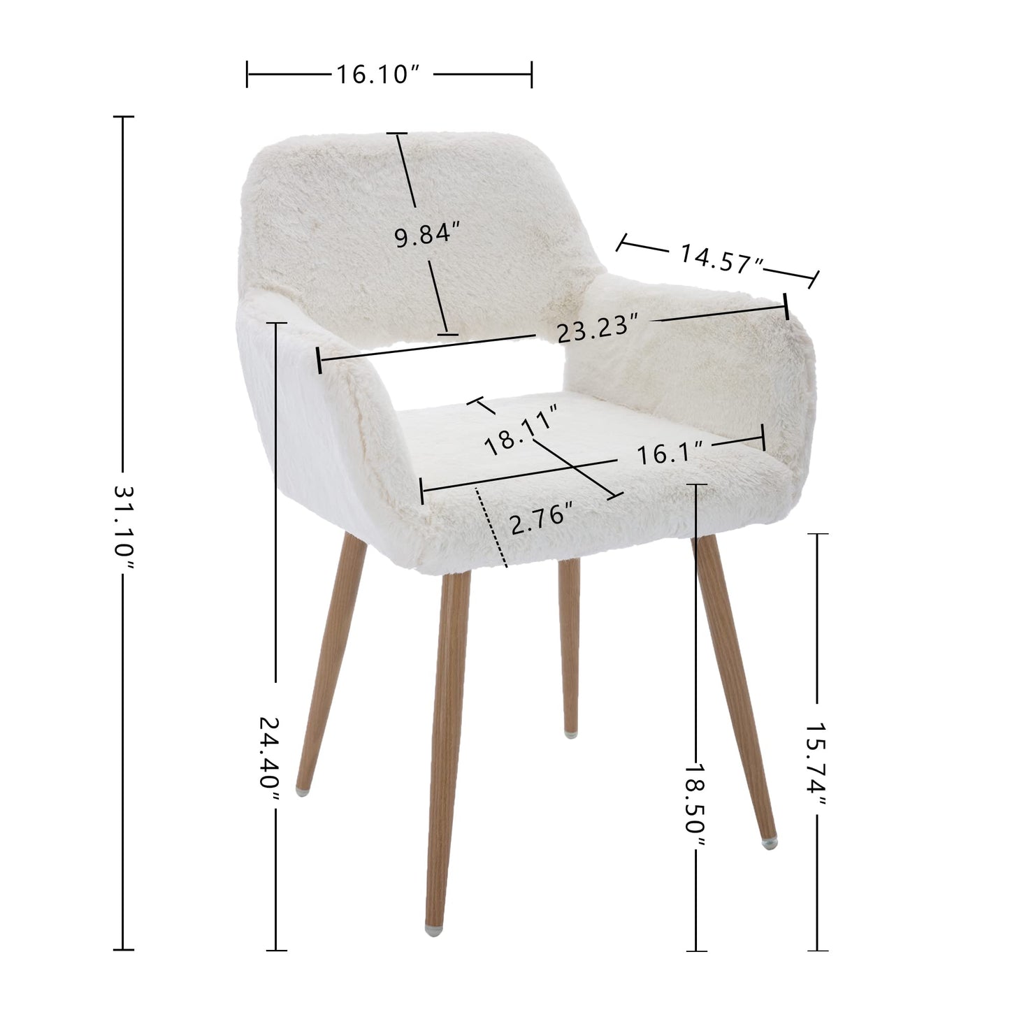 KCC Furry Desk Chair, Mid-Century Modern Accent Comfy Armchair with Faux Fur for Teen Girls, Wood Look Metal Legs Living Dining Room, Home Vanity Makeup Office No Wheel, White.