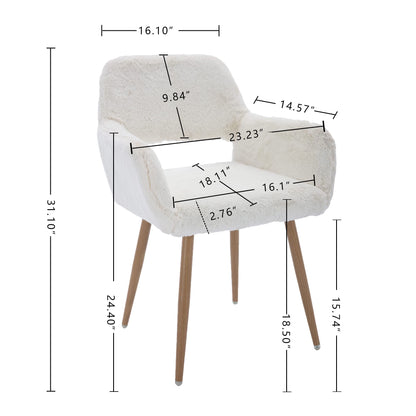 KCC Furry Desk Chair, Mid-Century Modern Accent Comfy Armchair with Faux Fur for Teen Girls, Wood Look Metal Legs Living Dining Room, Home Vanity Makeup Office No Wheel, White.