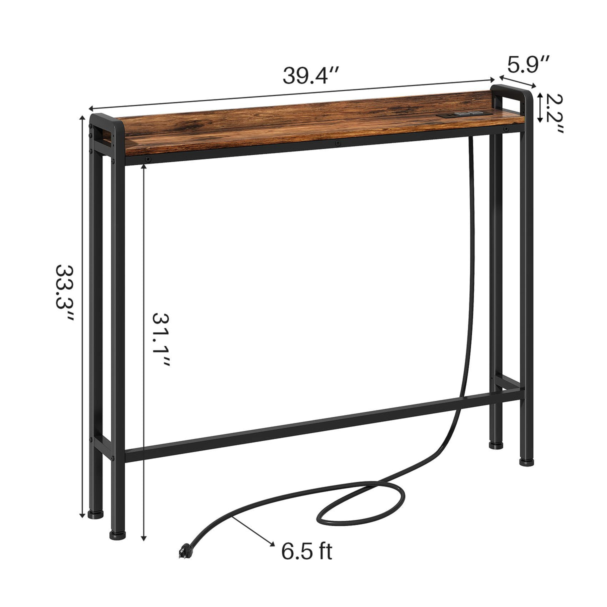 Kitstorack Rustic Brown Narrow Console Table for Behind Sofa, Elevated Rear Fence & Built-in Power Outlets, Includes 6.5' Power Cord, 5.9" D x 39.4" L x 33.3" H Kitstorack