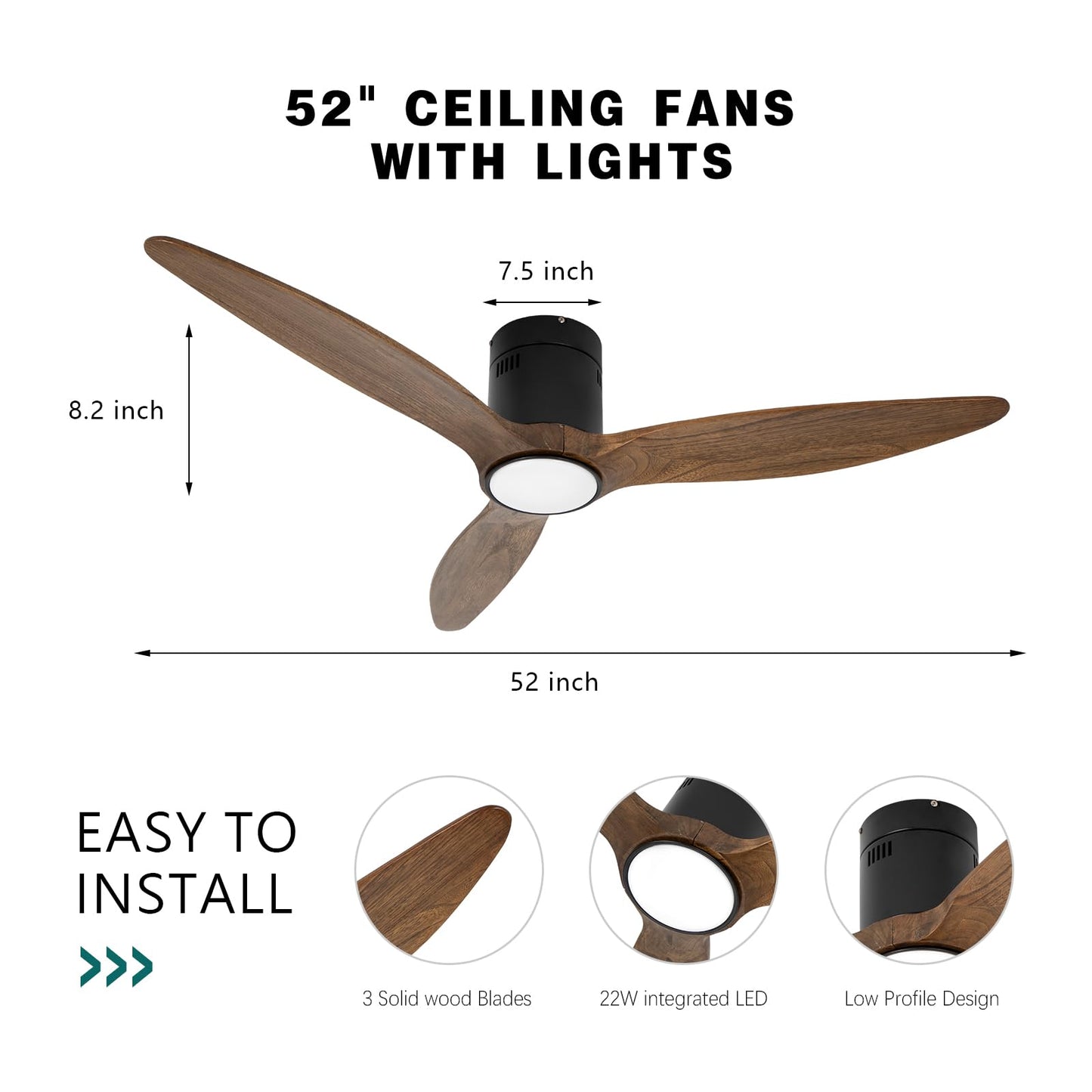 OUATER Flush Mount Ceiling Fan with Lights,52 inch Wood Low Profile Ceiling Fan with Remote,3 Color Light,DC Motor,6 Speed,for Bedroom/Outdoor/Farmhouse/Patios,Solid Amber Wood - WoodArtSupply