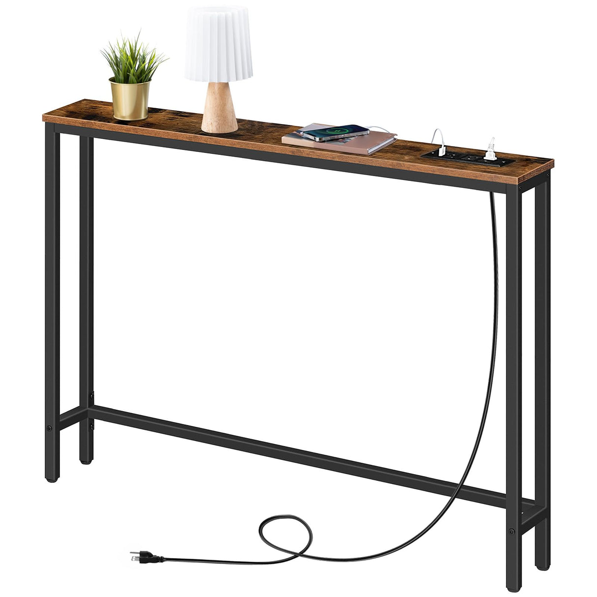 HOOBRO 39.4" Skinny Console Table with Power Outlets, 5.9" Behind Couch Table with Charging Station, Narrow Sofa Table, Long and Thin Table for Entryway, Living Room, Rustic Brown BF51UXG01 HOOBRO