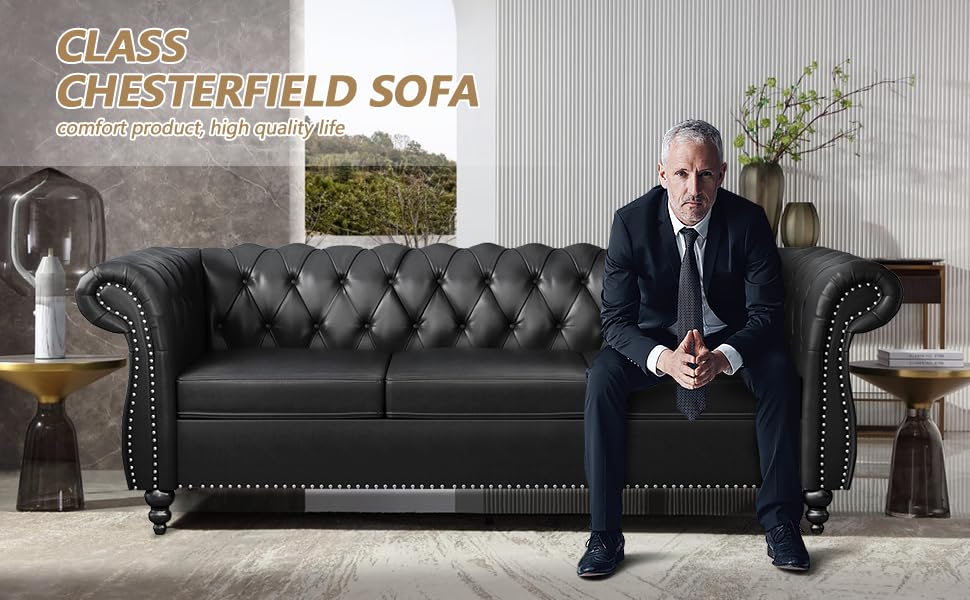 AVZEAR Chesterfield Leather Sofa 3 Seater Couch, Mid-Century Large Sofa Roll Arm Classic Tufted Settee Modern PU Sofa with Channel Tufted Seat Back for Living Room, Office, Apartment, PU Black AVZEAR