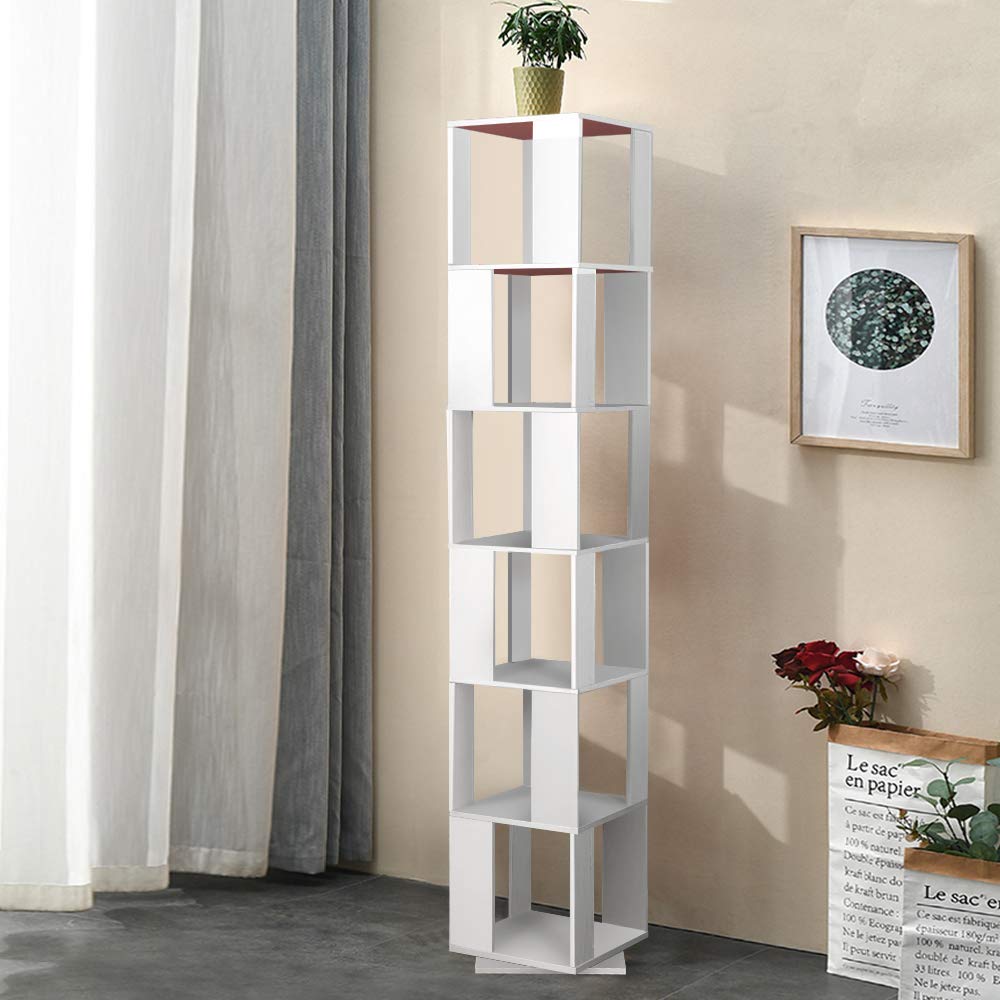 Rotating Bookshelf 6 Tiers Floor Rack Simple Bookcase Student Multi-Function Creative Freestanding Bookshelf Slim Storage Display Rack Tall Bookshelf for Living Room Corner Kids Bedroom Small Space