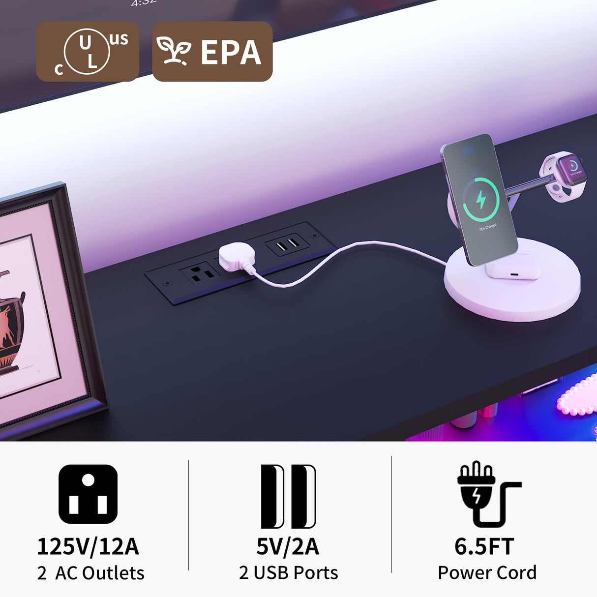 Dresser for bedroom, Black Bedroom Dresser with LED Lights and Charging Station, 6 Long Drawers Dresser, Tall Wide Fabric Chest of Drawers Storage Organizer TV Stand for up to 60" TV for Living Room SOOWERY