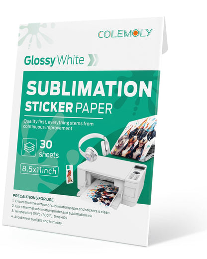 Colemoly Sublimation Sticker Paper-30 Sheets Glossy White Waterproof Stickers for Sublimation Inkjet Printer and Ink 8.5x11 Letter Heat Transfer Paper for Smooth Solid Surfaces