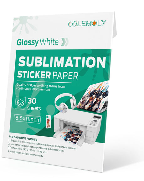 Colemoly Sublimation Sticker Paper-30 Sheets Glossy White Waterproof Stickers for Sublimation Inkjet Printer and Ink 8.5x11 Letter Heat Transfer Paper for Smooth Solid Surfaces Colemoly