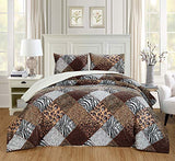 GrandLinen 3 Piece Queen Size Dark Brown Black Animal Print Safari Comforter Set. Leopard, Zebra, Cheetah Winter Micro Fur Bedding with Sherpa Backing Grand Linen
