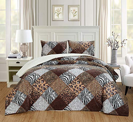 GrandLinen 3 Piece Queen Size Dark Brown Black Animal Print Safari Comforter Set. Leopard, Zebra, Cheetah Winter Micro Fur Bedding with Sherpa Backing Grand Linen