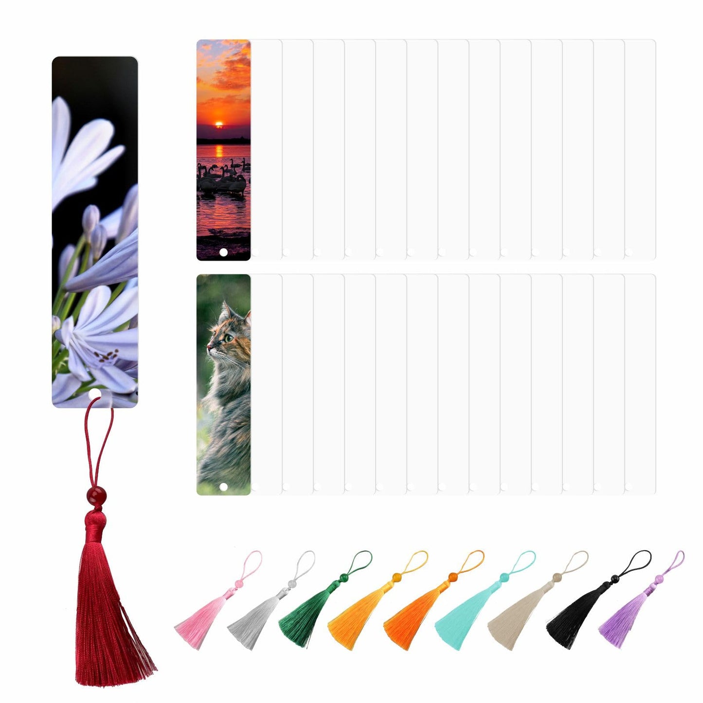 BZRR 30 Pcs Sublimation Bookmark Blank Heat Transfer Aluminum Metal Bookmarks Bulk DIY Bookmarks with Hole and Colorful Tassels for Crafts, Personalized Tassels Sublimation Bookmarks.