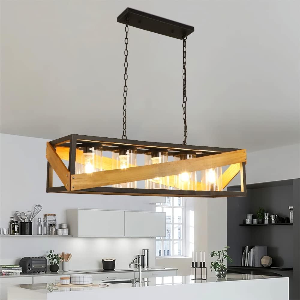 Depuley Farmhouse Kitchen Island Lighting, 39 Inches 5-Light Industrial Metal Linear Chandelier, Rustic Pendant Light Fixture with Wood Frame Hanging for Dining Room, Pool Table, 5* E26 Bulbs - WoodArtSupply