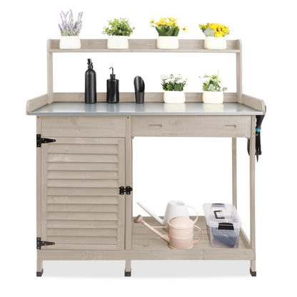 Ketive Outdoor Garden Potting Bench Table,41" L Wooden Potting Table Work Bench for Horticulture,Waterproof Workstation Table with Metal Tabletop/Cabinet/Drawer/Open Shelf,Grey (Table10-Grey)