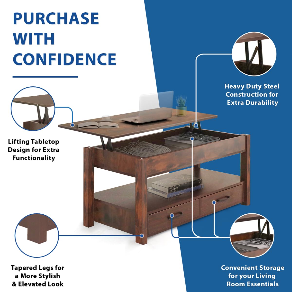 Lift Top Coffee Table with Hidden Compartment & 2 Storage Shelves - Living Room Dining Table with Rising Tabletop Lifttop Desk for Apartment, Home, Condo - Rustic Brown Lifetime Home